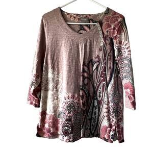 Chico's Blouse Size 1 Medium Modal Blend Pink Paisley Print 3/4 Sleeve Top